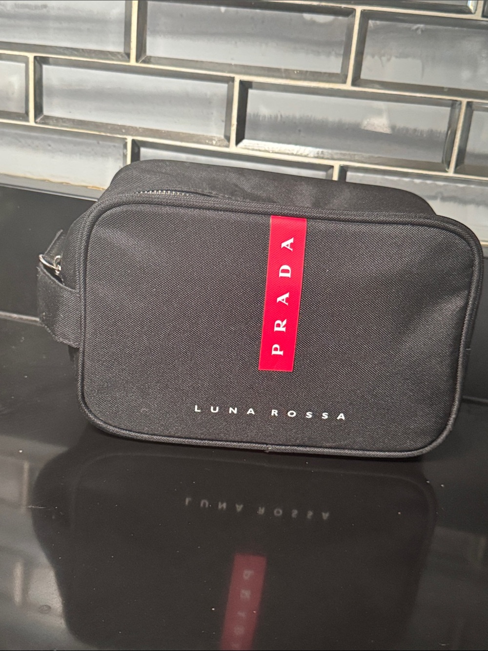 Prada Black Canvas Toiletry Case with Red Logo Stripe